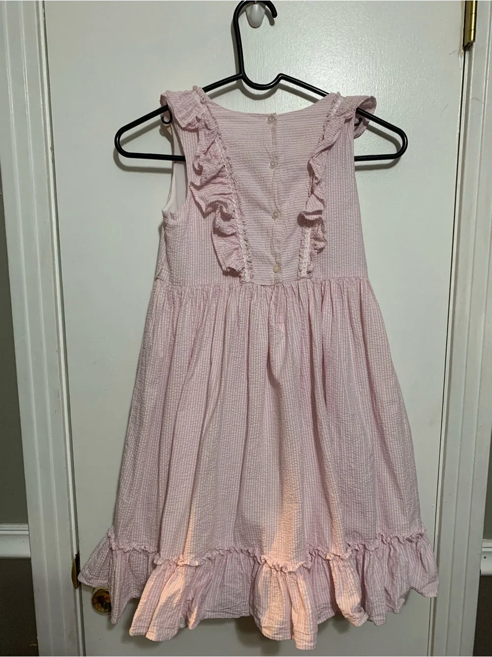 Laura Ashley London Girls Pink Seersucker Ruffle Dress Size 10 Cottagecore